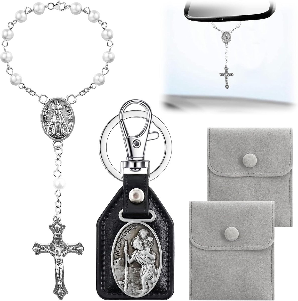 Achteruitkijkspiegel sleutelhanger met Sint Christoffel tas Cadeau in Fluweel, Auto sleutelhanger voor St. Christoffel voor Auto Ornamenten Auto hanger, no, Gelegeerd staal, Zonder stenen