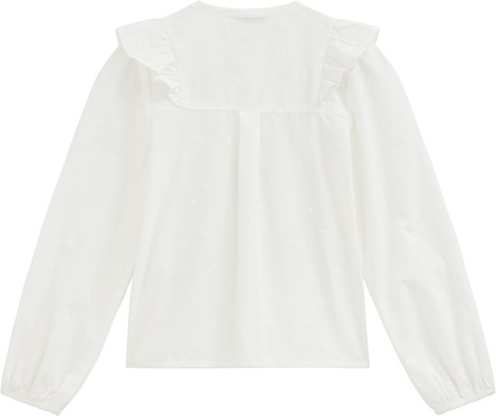 Achterkant van een witte blouse met lange mouwen, ruches aan de schouders en een geborduurde bloemetjesprint. Knoopsluiting.