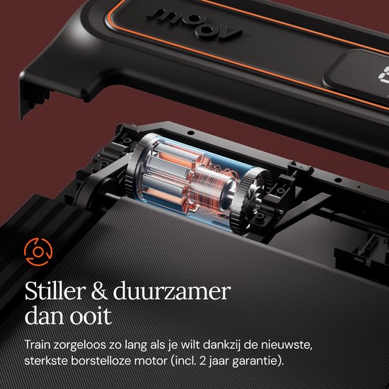 Opengeklapte zwarte loopband met zichtbare borstelloze motor en oranje accenten.