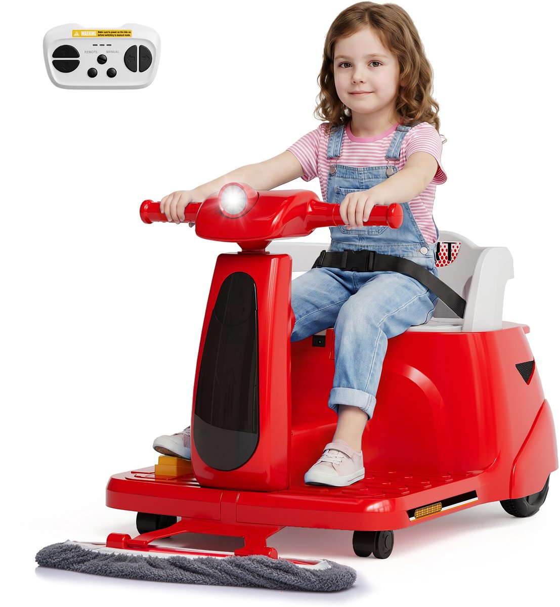 Danky-Elektrische Kinderauto met Afstandsbediening - Rode Driewieler met Dweilfunctie, 12V Auto met Veiligheidsgordel, Vooruit en Achteruit, voor Kinderen vanaf 3 Jaar