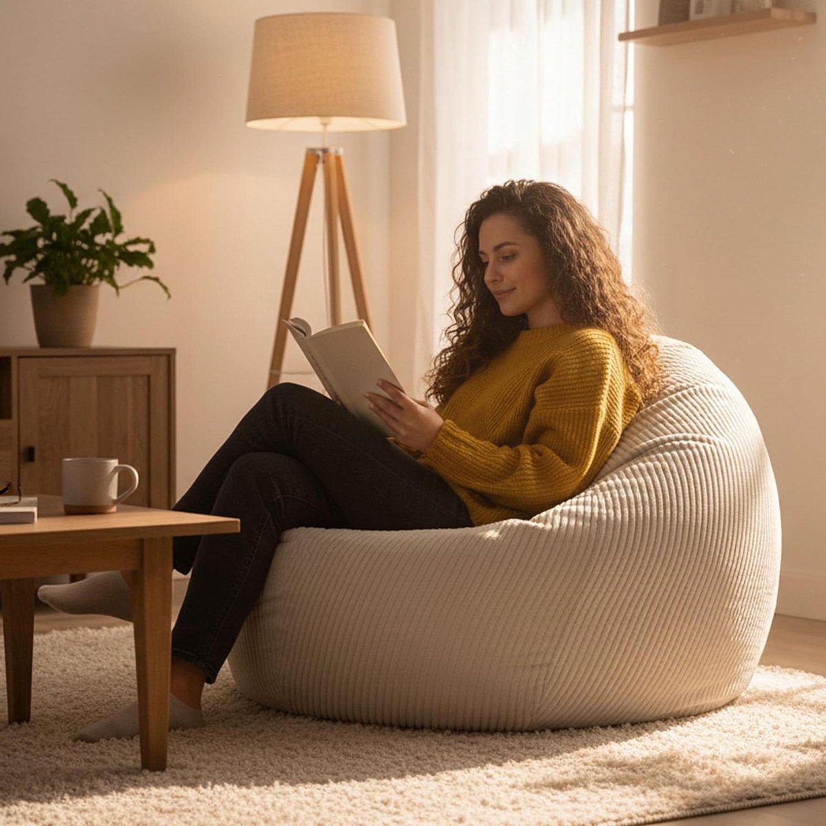 Ribfluwelen Poef - Zitzak Zetel - Ontspannen Zitten - Afneembare Hoes - 110 x 80 x 70 cm - Beige