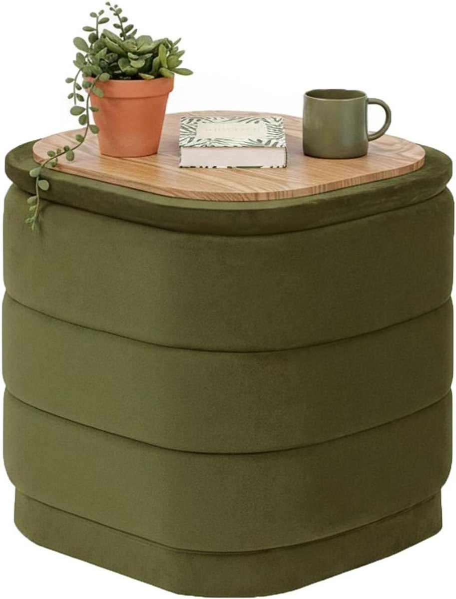 Ottoman met opbergruimte - Voetenbank poef - Woonkamer organiseren - Inklapbaar design - 38 x 38 x 38 cm - Olijfgroen
