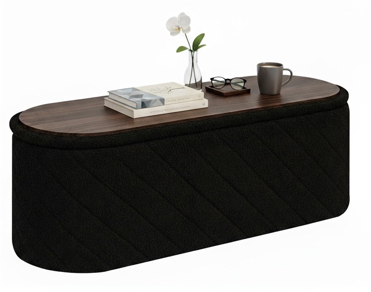 Ovale voetenbank met opbergruimte, inklapbare voetenbank met deksel, voetenbank voor voeteneinde van het bed, kruk voor woonkamer, slaapkamer, entree, zwart, 110 x 38 x 38 cm