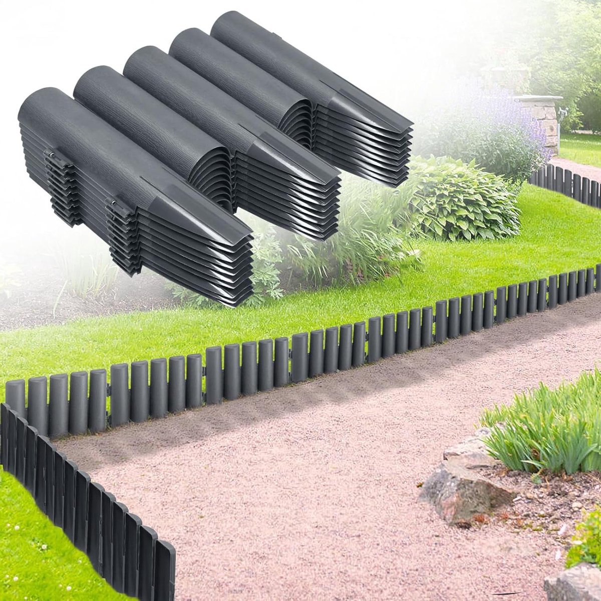 Gazonrand Kunststof - Tuinpalissade Bedrand - Tuin Ordenen - Imitatie Houtstructuur - 50 stuks 14M - Antraciet
