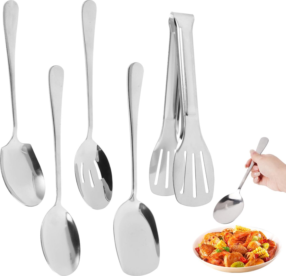 5 Stuks Grote Serveerlepels,Opscheplepels van Roestvrij Staal,Grote Lepel van Roestvrij Staal,Buffet Opscheplepel voor Familiediners,Hotelrestaurants,Kerstfeesten,Oppervlaktepolijsten (Zilver)