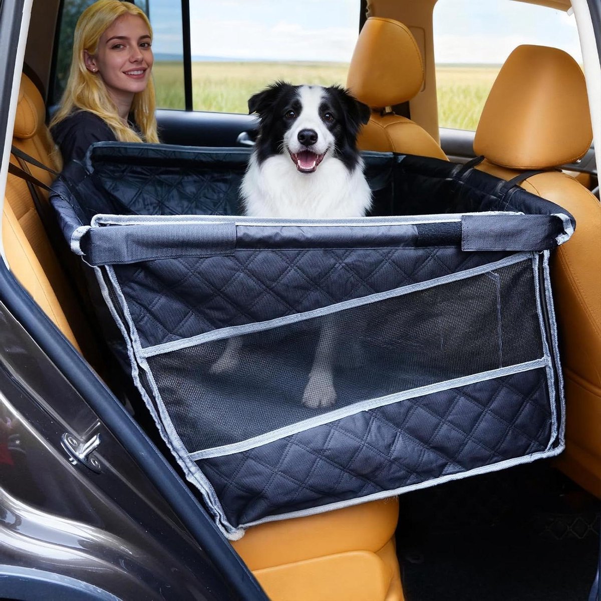 Hondenautostoel - Autostoel hond - Veilig reizen - Grote achterbankverlenger - 28 x 23 x 21 inch - Zwart en zilver