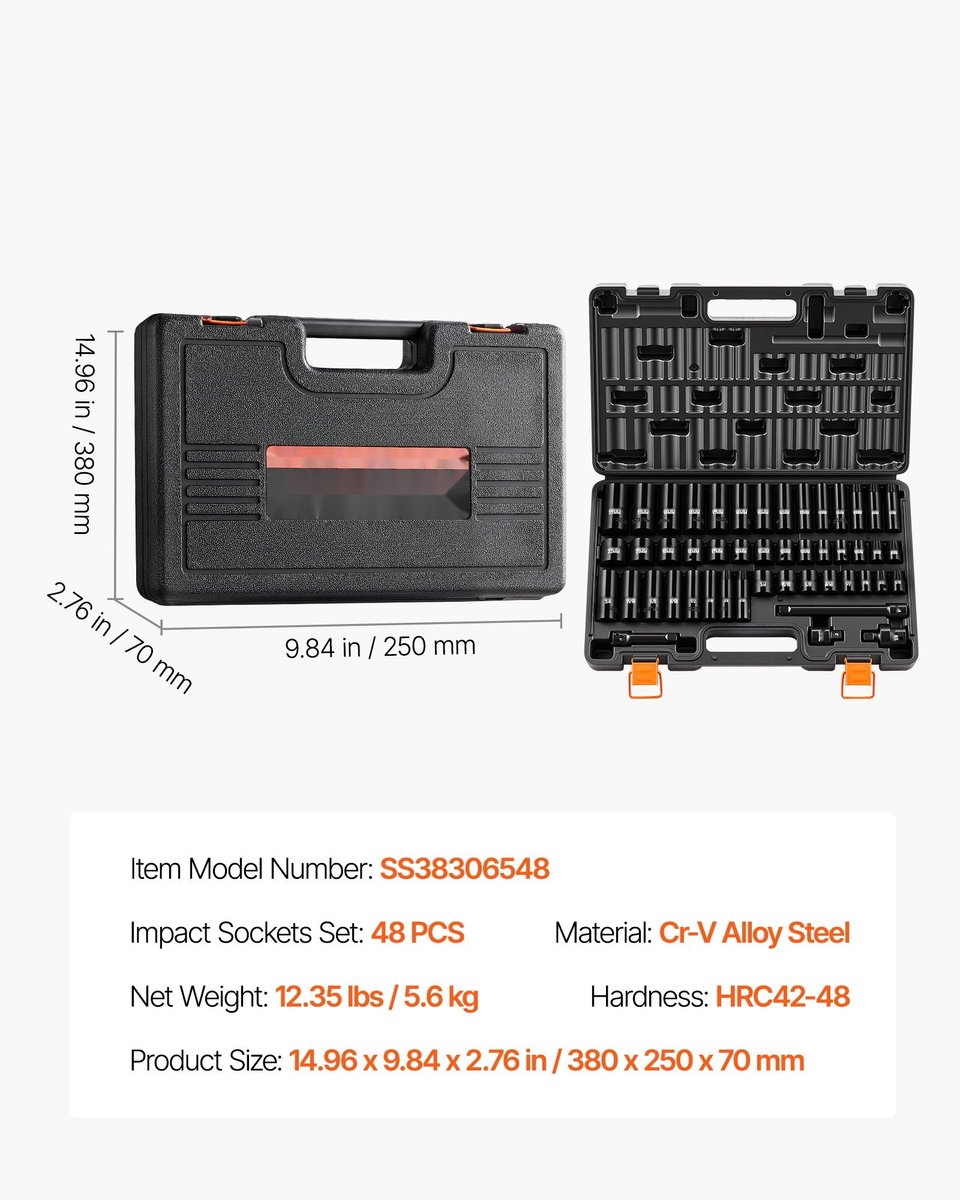 Slagdopsleutelset - 48-Delig 9,5 mm Aandrijving - SAE & Metrisch 8-22 mm - Chroom-Vanadium Staal - Met Verlengstuk - Met Adapter - Met Koffer