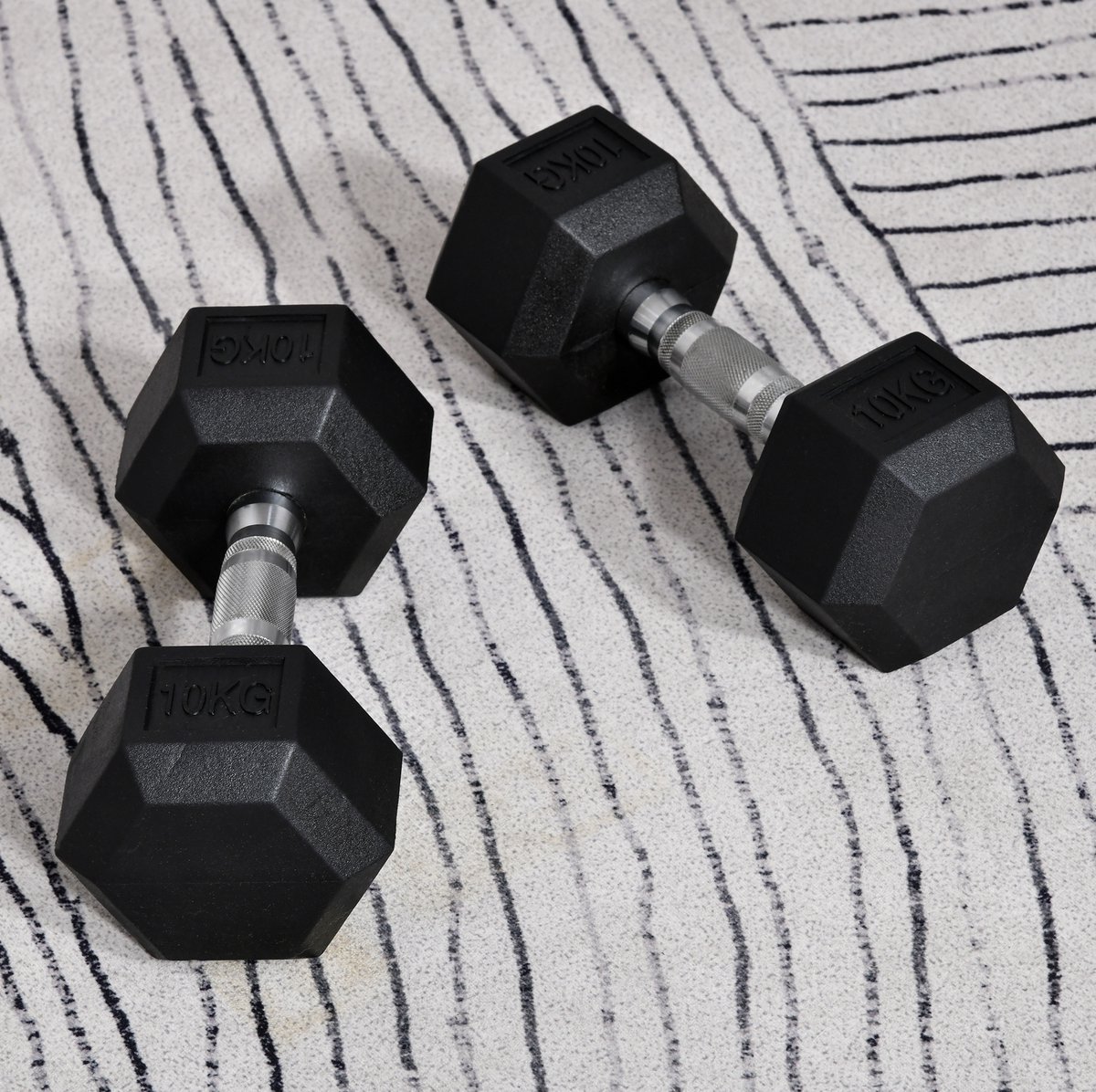 MEUNIQ hexagon dumbbells 2 x 10 kg set, zwarte gietijzeren halters met rubbercoating, gekartelde greep, antislip zeshoekig ontwerp voor thuis en fitness