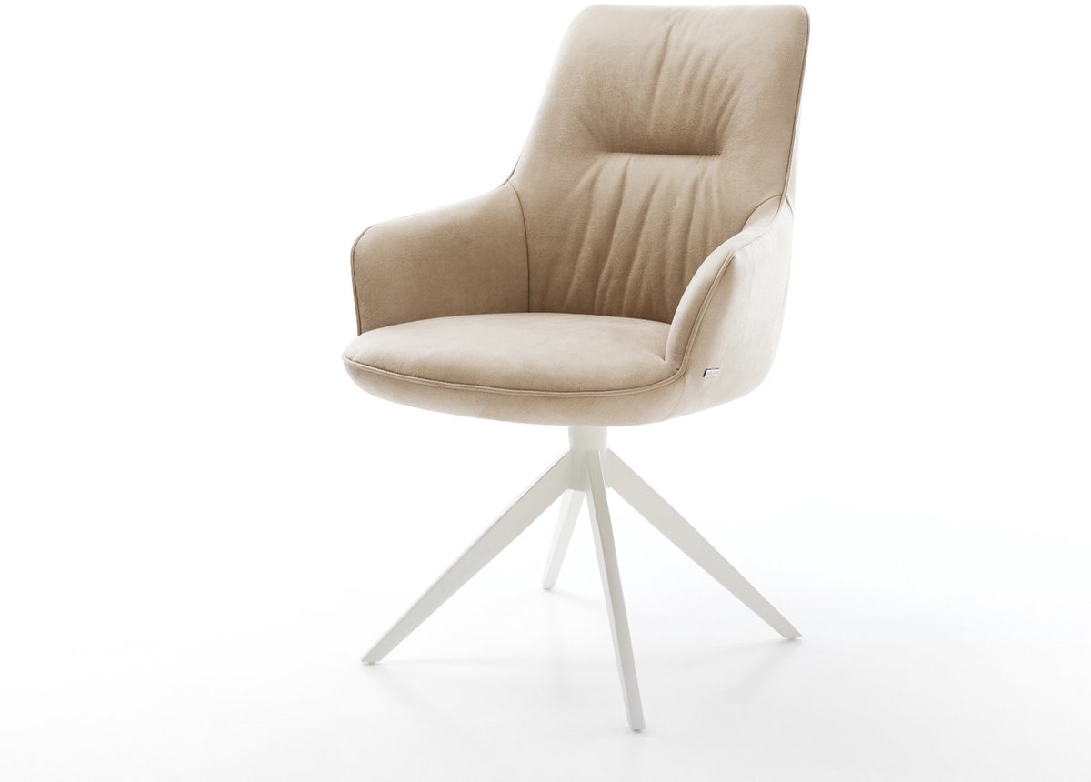 Eetkamerstoel Zelia-Flex met armleuning kruisframe breed wit microvelours beige vintage 360° draaibaar rocker-functie pocketveer kern
