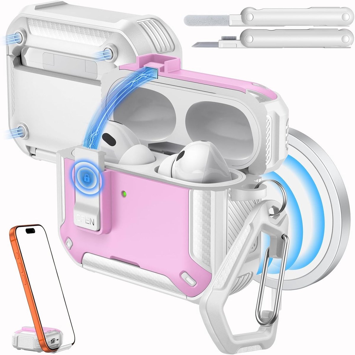 AirPods Pro 3 Hoes met Slot 2025 - Geschikt voor MagSafe, Telefoonstandaard & Automatische Pop-up, Militaire Bescherming met Schoonmaakset, Wit + Roze