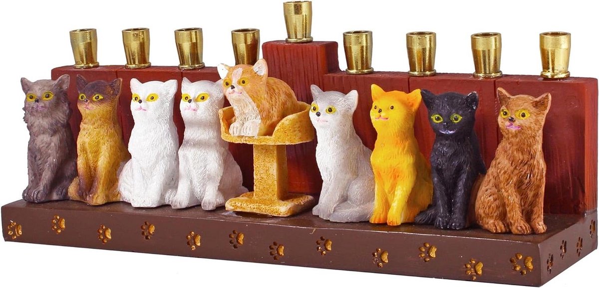 Kandelaar Katten Design - Menorah Kandelaar - Feestelijke Decoratie - Ontworpen door kunstenaar - 25 cm Lengte - Multicolor