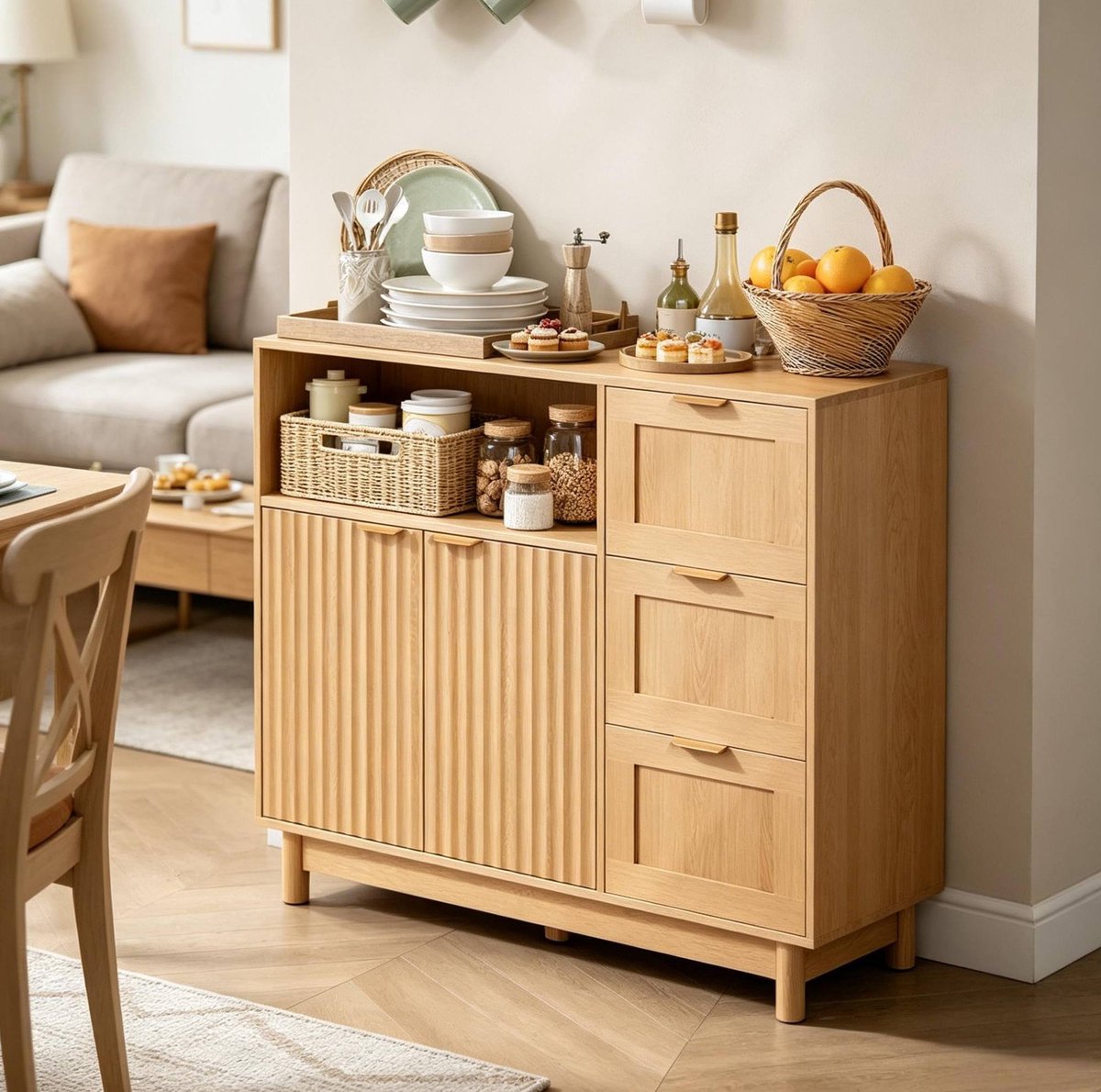 MIVRAY Dressoir - Opbergkast Met 3 Laden En Verstelbare Plank - Voor Keuken Woonkamer En Hal - MDF En Spaanplaat - 90x35x80 Cm - Houtlook