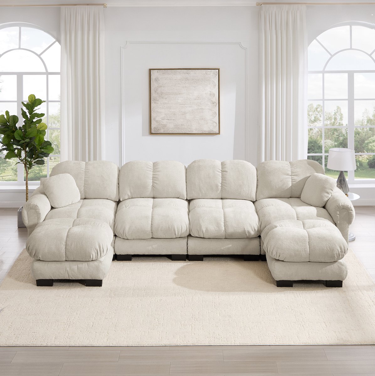 STILVORA U Bank 4 Zits - Modulaire Hoekbank Met 2 Verplaatsbare Ottomans - Voor Woonkamer En Lounge - Chenille - Hellkhaki