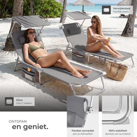 tectake® Ligbedden met Zonnescherm - Set van 2 Zonnebedden - 4 standen - Inklapbaar - Met Handgreep, Zijvak en Hoofdkussen - Grijs van TecTake — afbeelding 3