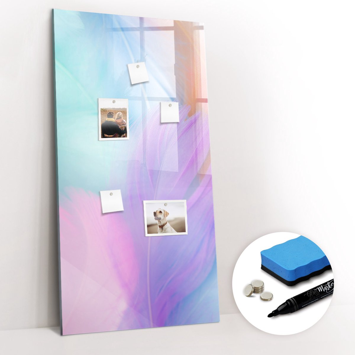 Tulup Whitebord - Pastelkleurige veren - 60 x 120 cm - Veelkleurig Foto Magneetbord - Gratis 5 Sterke Magneten + Whiteboard Marker & Wisser - Scandinavisch Design Bord - Memobord Glas - Notitiebord Werkplek