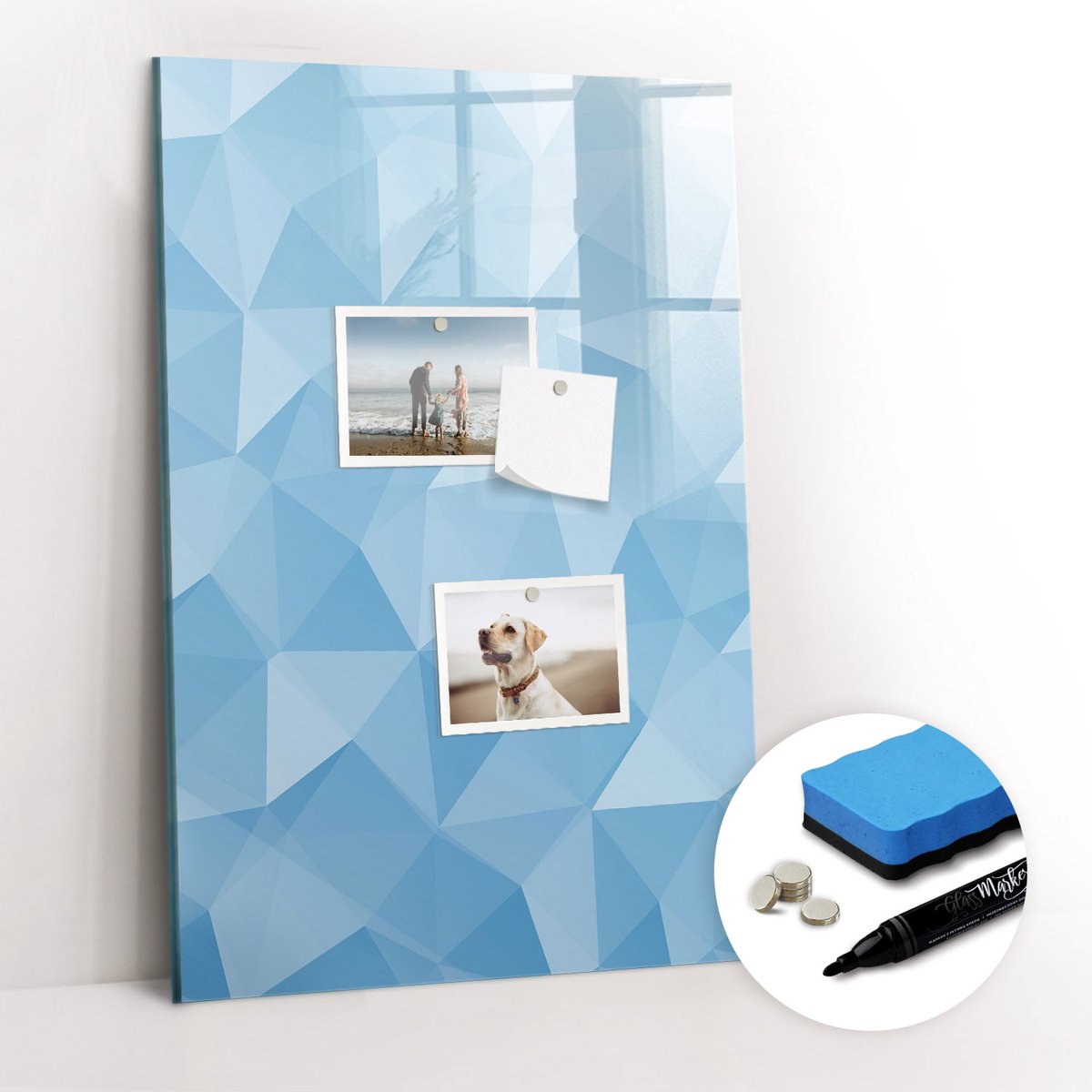 Tulup Whitebord - Abstracte donkere driehoeken - 40 x 60 cm - Blauw Magnetic Board - Gratis 5 Sterke Magneten + Whiteboard Marker & Wisser - Stylish Memo Board - Magnetisch Bord Kind - Organiseer Je Bureau