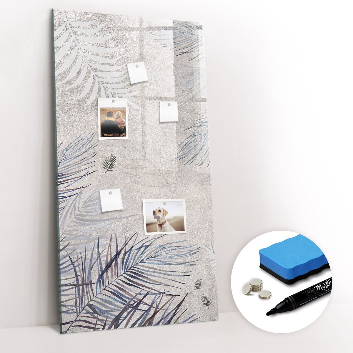 Tulup Whitebord - Palmbladeren - 60 x 120 cm - Grijs Magneetbord Design - Gratis 5 Sterke Magneten + Whiteboard Marker & Wisser - Moderne Wanddecoratie - Memo Magneetbord - Notitiebord Werkplek