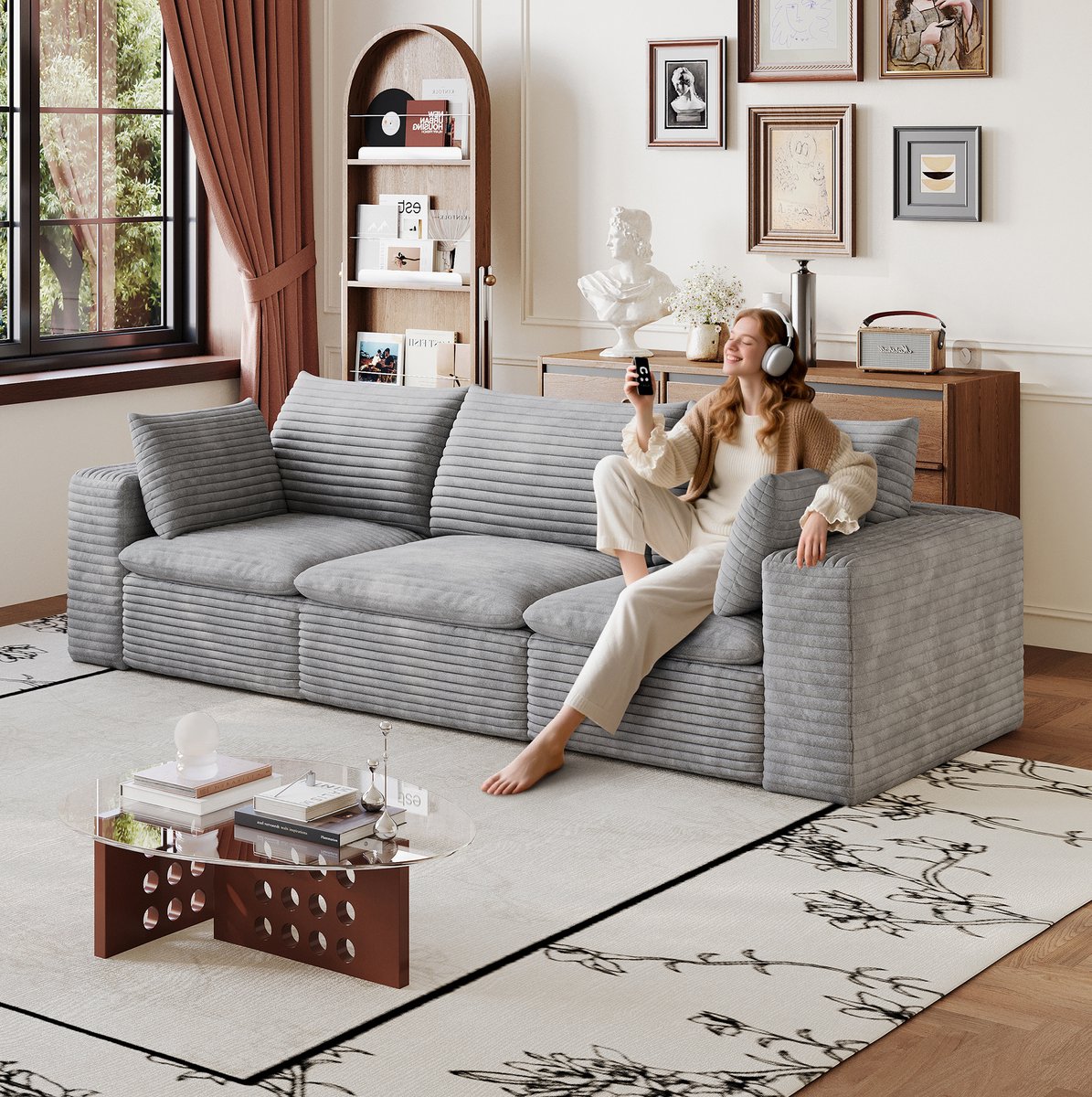 FloraGrace Zitbank 260 Cm - 3-Zits Cloud Sofa Met Modulair Dubbellaags Design En Afneembare Kussens - Voor Woonkamer Of Slaapkamer - Stof - Grijs