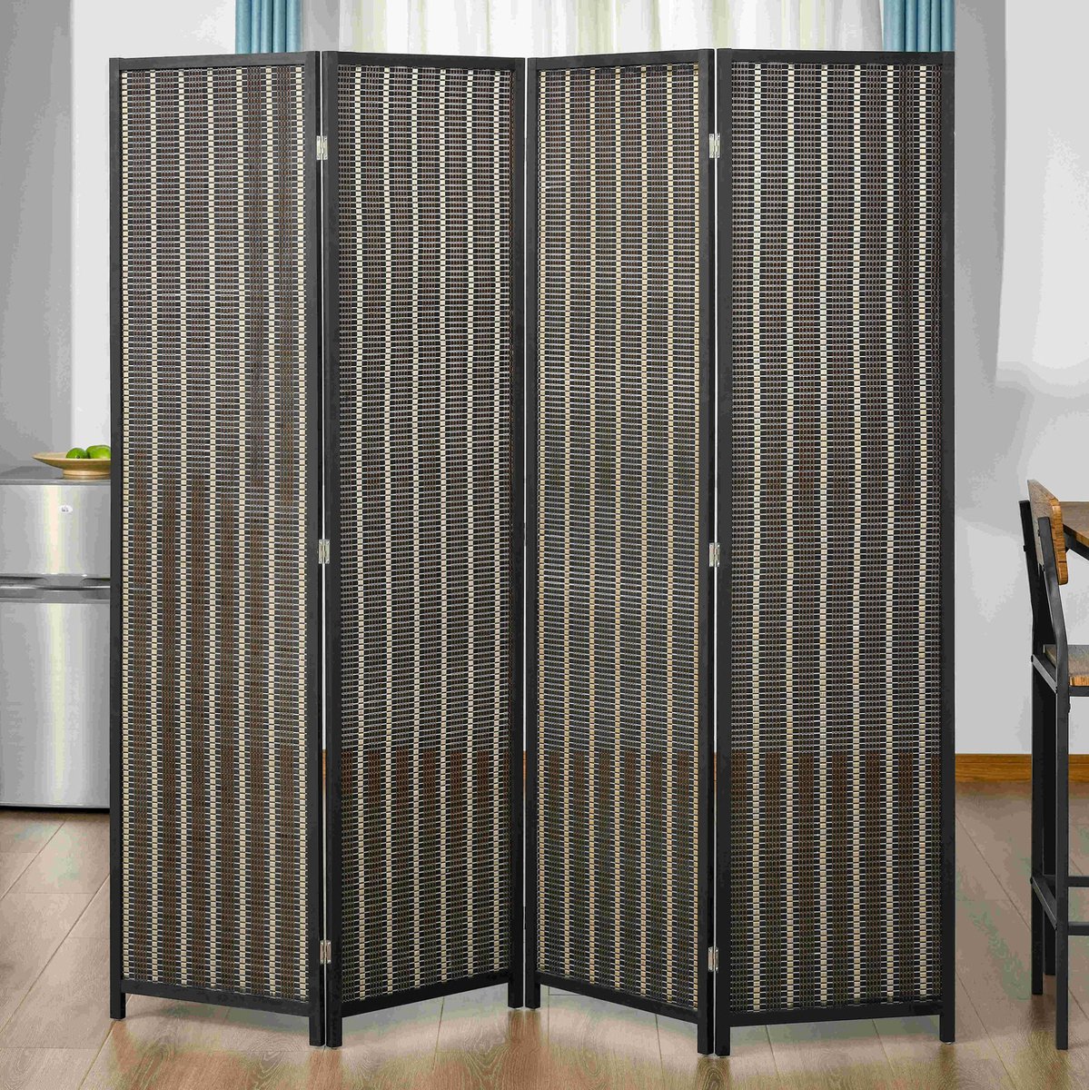 MEUNIQ 4-delig kamerscherm 180 x 180 cm, opvouwbare paravent van bamboe en grenenhout, roomdivider met 9 scharnieren en antislipvoeten voor woonkamer, bruin