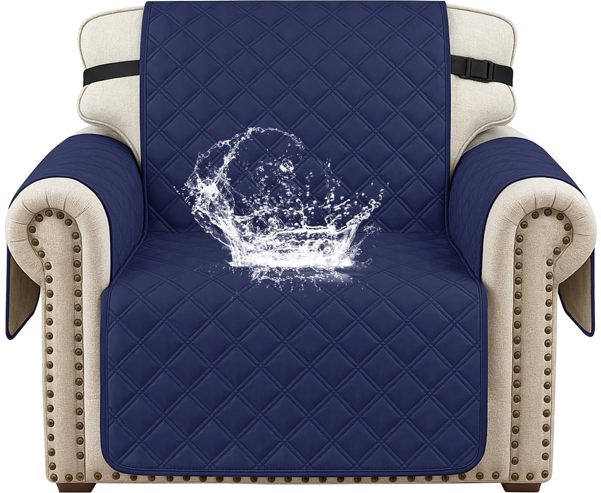 100% Waterdichte Bankhoes 1 Zit, Dikke Bankhoezen Doorgestikt, Universele Sofahoes Met Armsteun, Bankovertrek Antislip Krasbestendig, Met Zijzakken, Voor Woonkamer,Donkerblauw