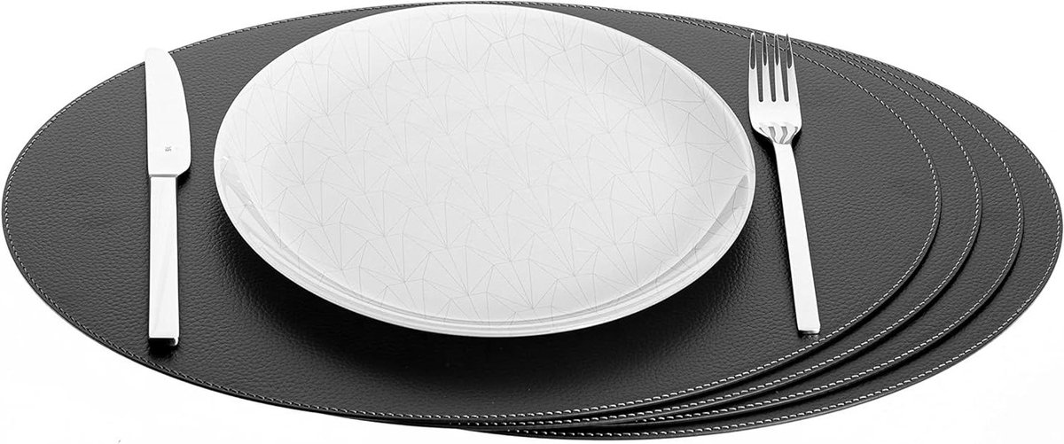 Leren Placemats - Tafelonderleggers Set - Eettafel Beschermen - Gerecycled Materiaal - 45 x 33 cm - Zwart