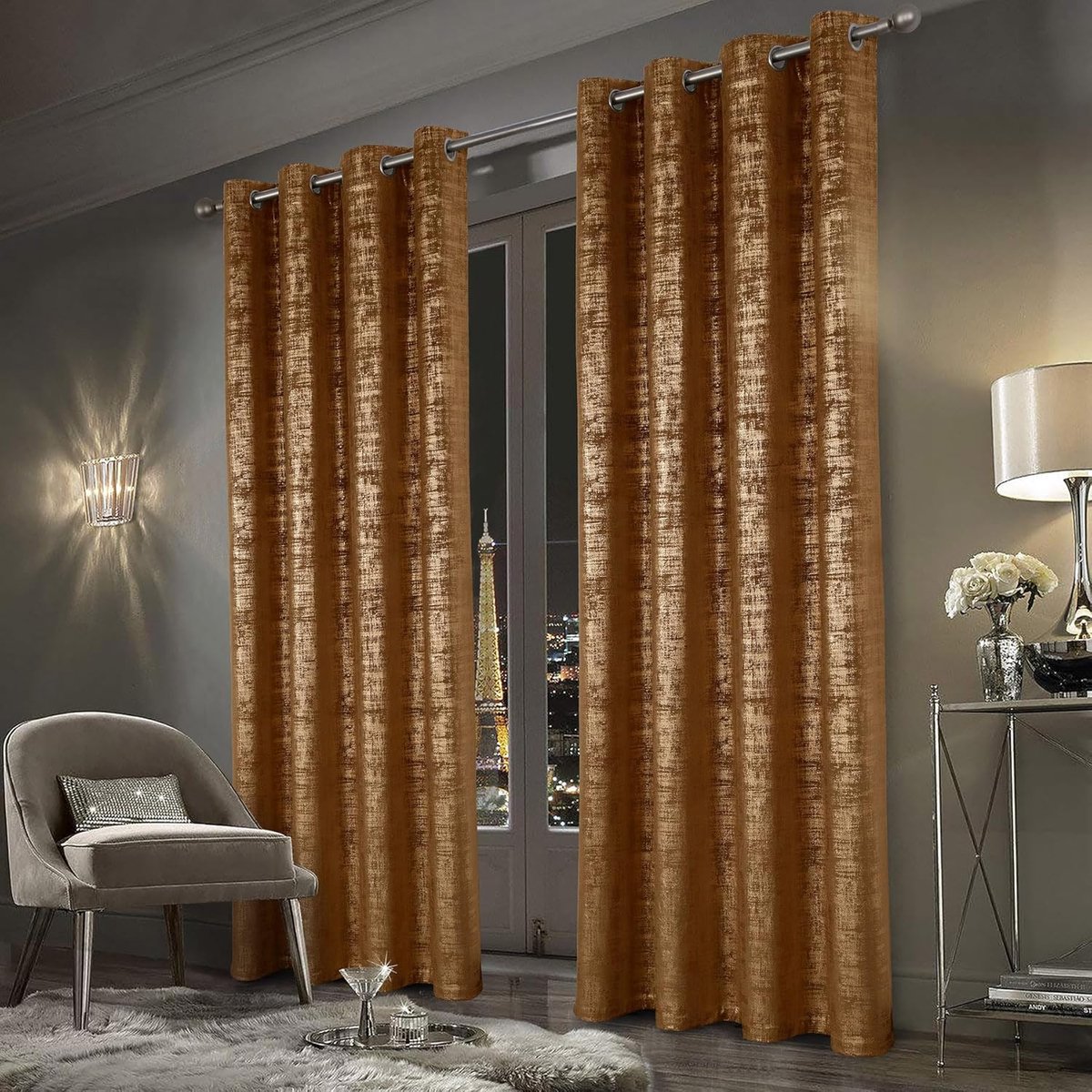 always4u 100% Verduisteringsgordijnen van goudkleurig fluweel, thermische isolatie, zachte en kreukvrije stof, dubbel gordijn met oogjes, voor slaapkamer, woonkamer, keuken, karamel, 132 x 213 cm, 2