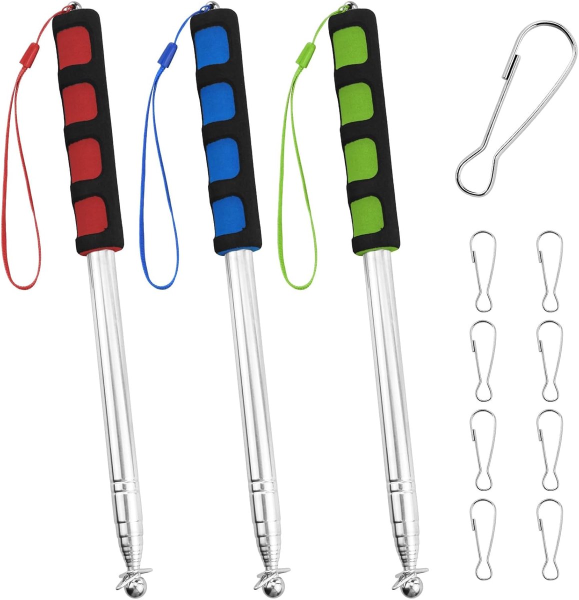 3 stuks telescopische vlaggenstangen, 2 m, handheld telescopische vlaggenmast, roestvrij staal, met 9 clips, uitschuifbaar, voor reizen, camping, reisgids, leraar (blauw en groen en rood)