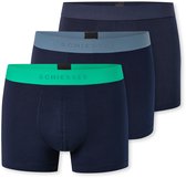 Drie donkerblauwe boxers, één met groene band, één met grijze band.