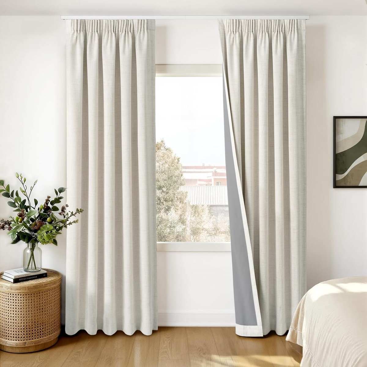 100% Verduisterende Gordijnen 2 Stuks, Linnenlook Gordijnen met Plooiband Thermisch Gordijn Koudewerende Ondoorzichtige Gordijnen, voor Woonkamer Slaapkamer,140 x 245 cm, Beige