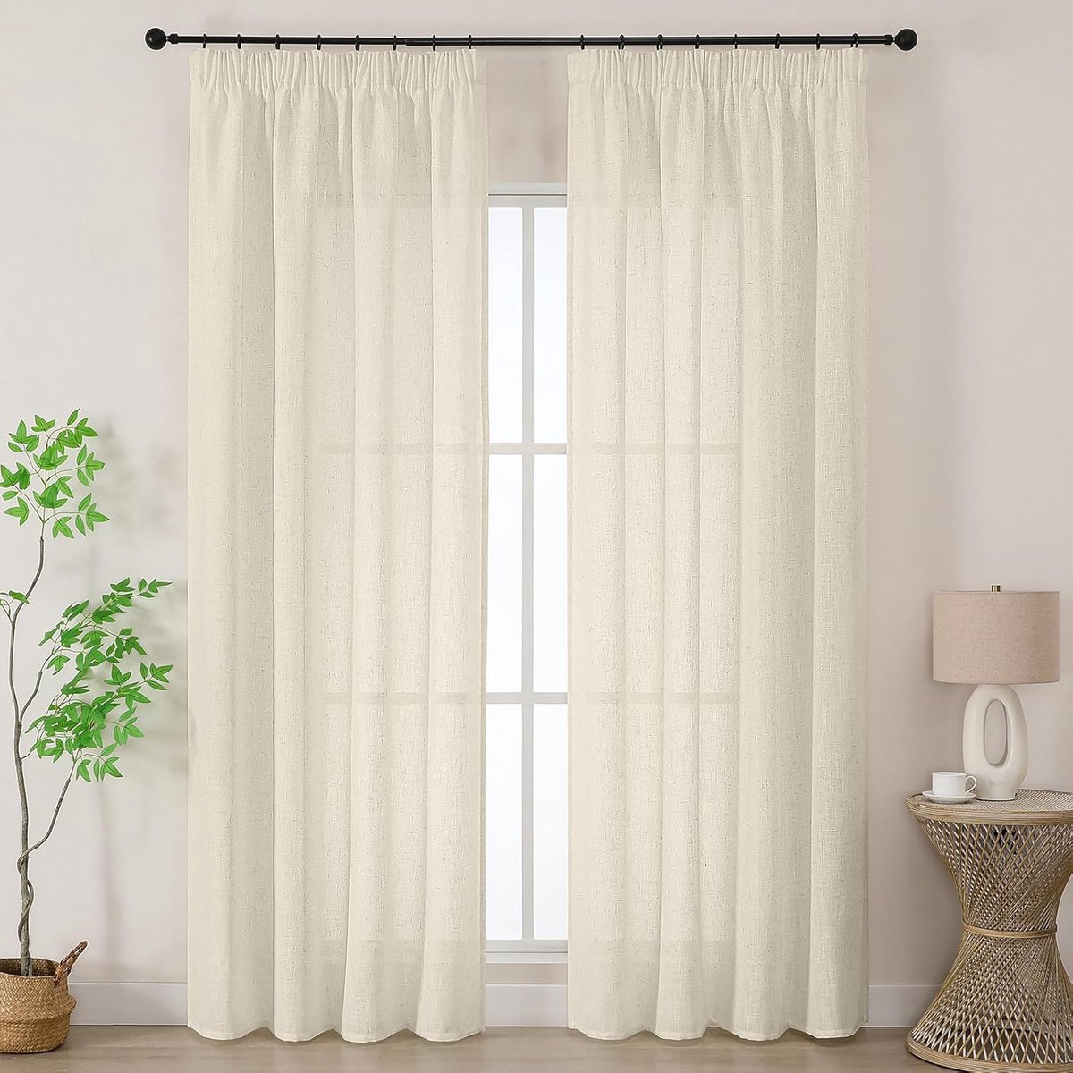 Natuurlijke Linnen Vitrages met Plooiband voor Rails 140B x 225H cm，2 stuks – Semi-transparante Vitrages (225 cm lang) voor Woonkamer & Slaapkamer – Linnenkleur