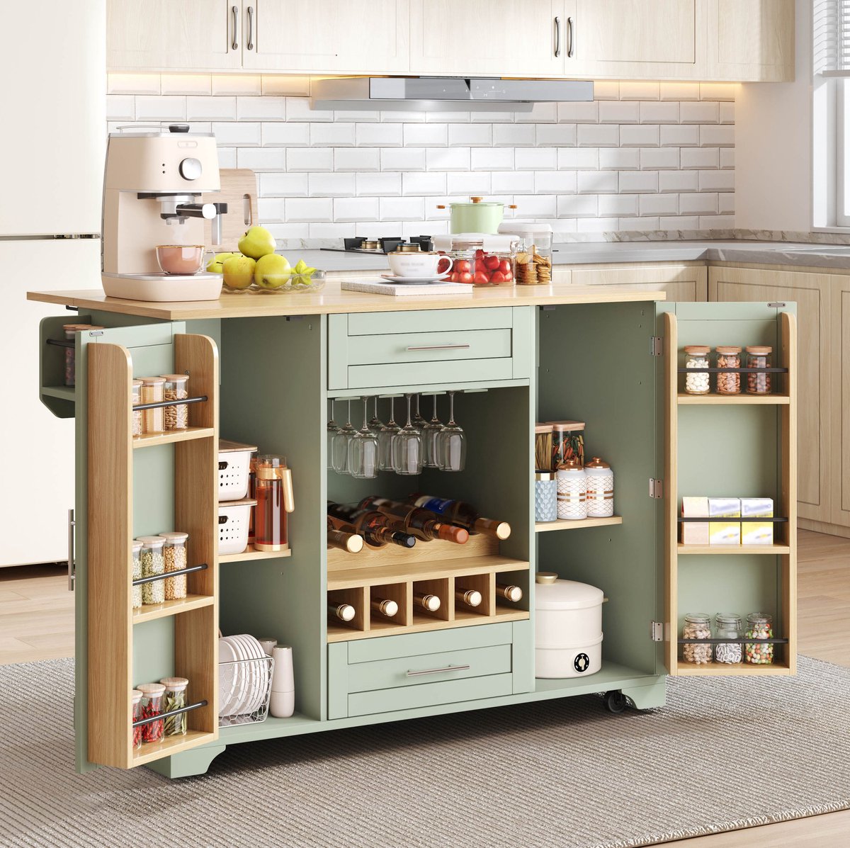 MIVRAY Keukenkast - Keukenwagen Met Uitklapbaar Werkblad - Op Wielen Met Wijnrek - MDF - 138x70x92 Cm - Antiekgroen