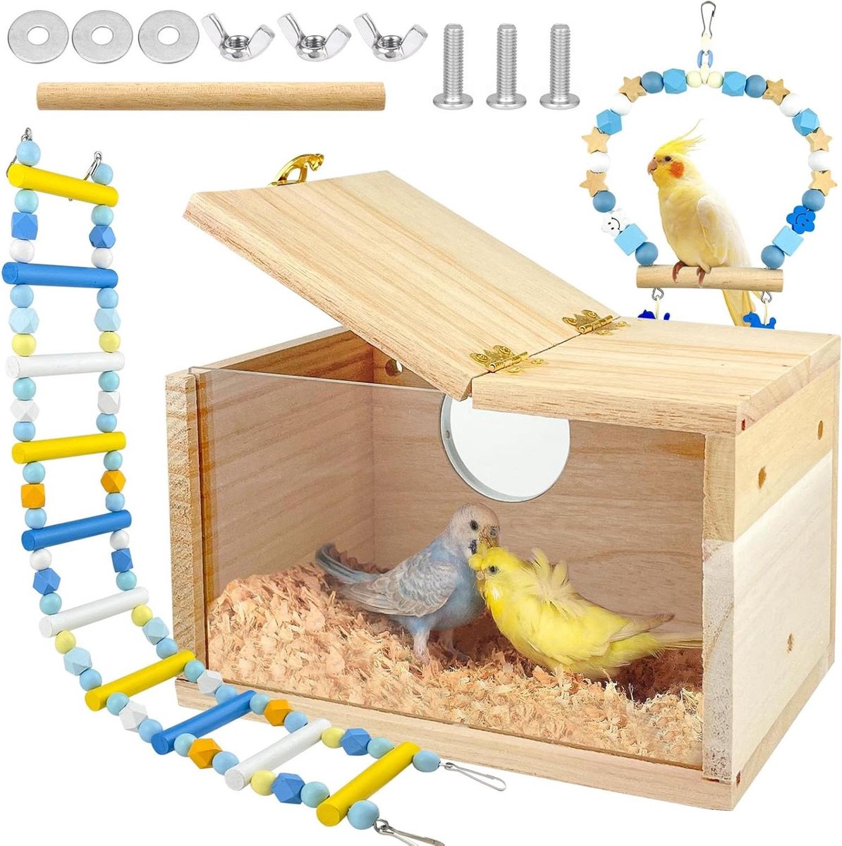 Nestkast Parkieten - Vogelhuisje Kweekbox - Vogels Huisvesten - Transparant Design - 19.5 x 12 x 12 cm - Houtkleur