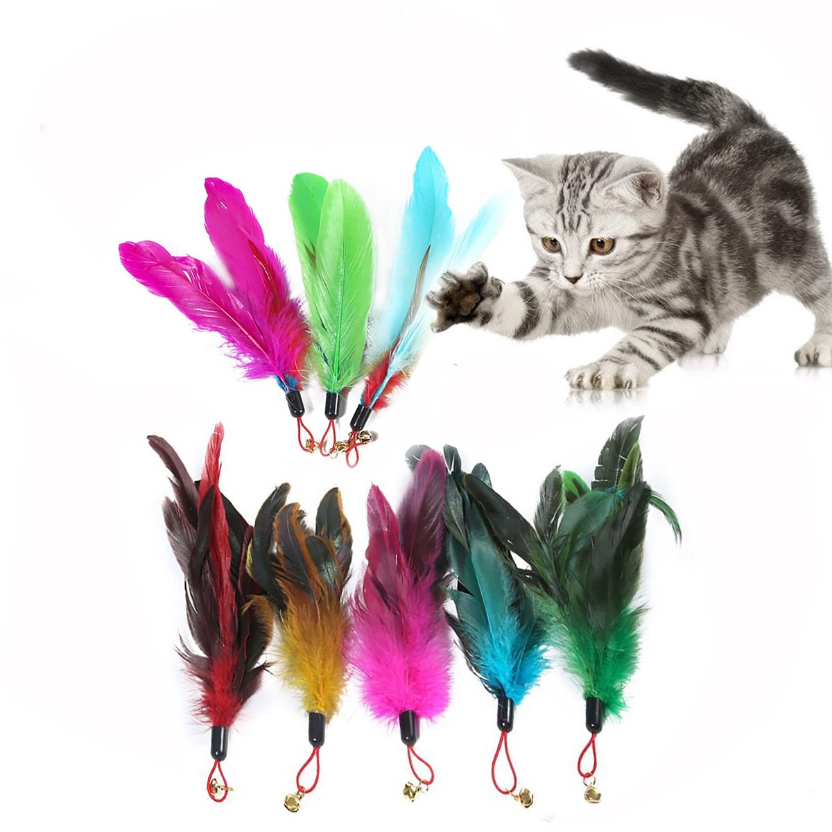 8 Stuks Interactieve Kattenspeelgoed Reserveveren - Veren Speelgoed Kat Worm Teaser (Meerkleurig)