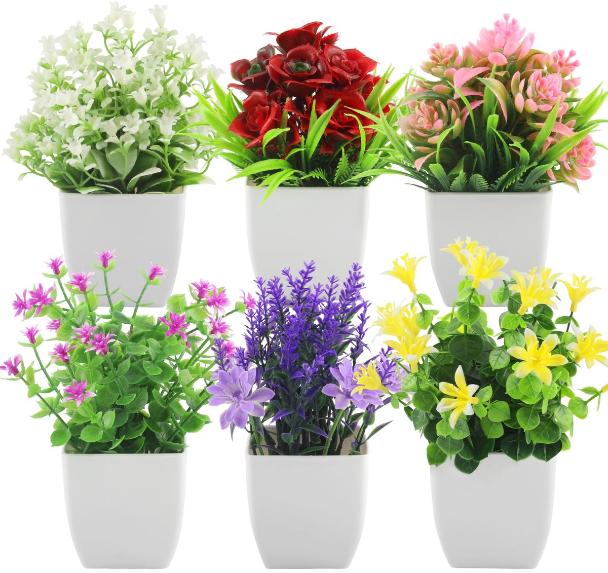 6 stuks kunstplanten zoals echte kunstbloemen in pot, creatieve kunstplanten, klein, 6 kleuren, decoratieve planten, ornamenten, nepbloemen voor thuis, kantoor, café, balkon, tuin, binnen en