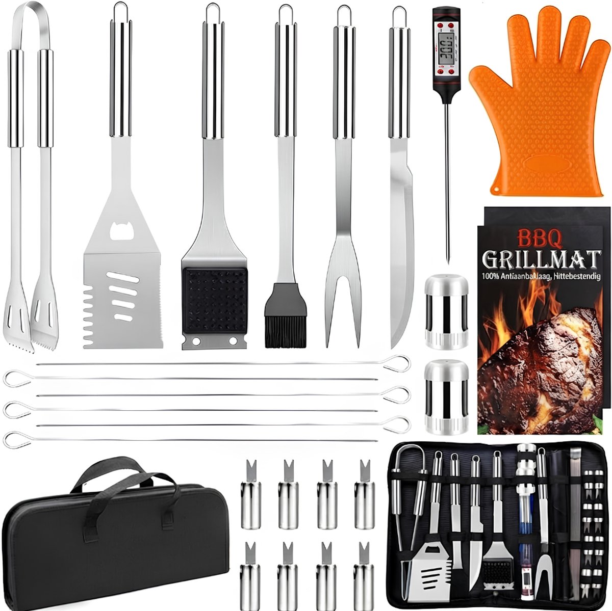 SP® BBQ Accesoires set - 28-delige Barbecue Gereedschap - Professionele RVS Barbecue Set - Zilver - 4cm x 2cm x 35cm