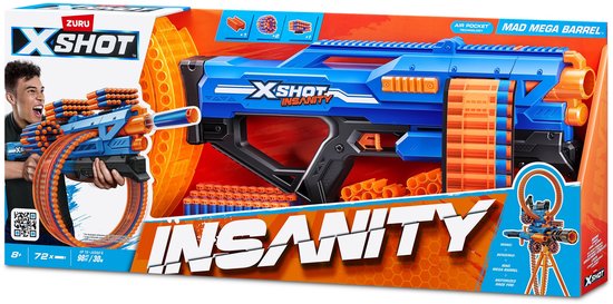 Verpakking van de XSHOT Insanity Mad Mega Barrel speelgoedblaster, blauw met oranje details en magazijn.