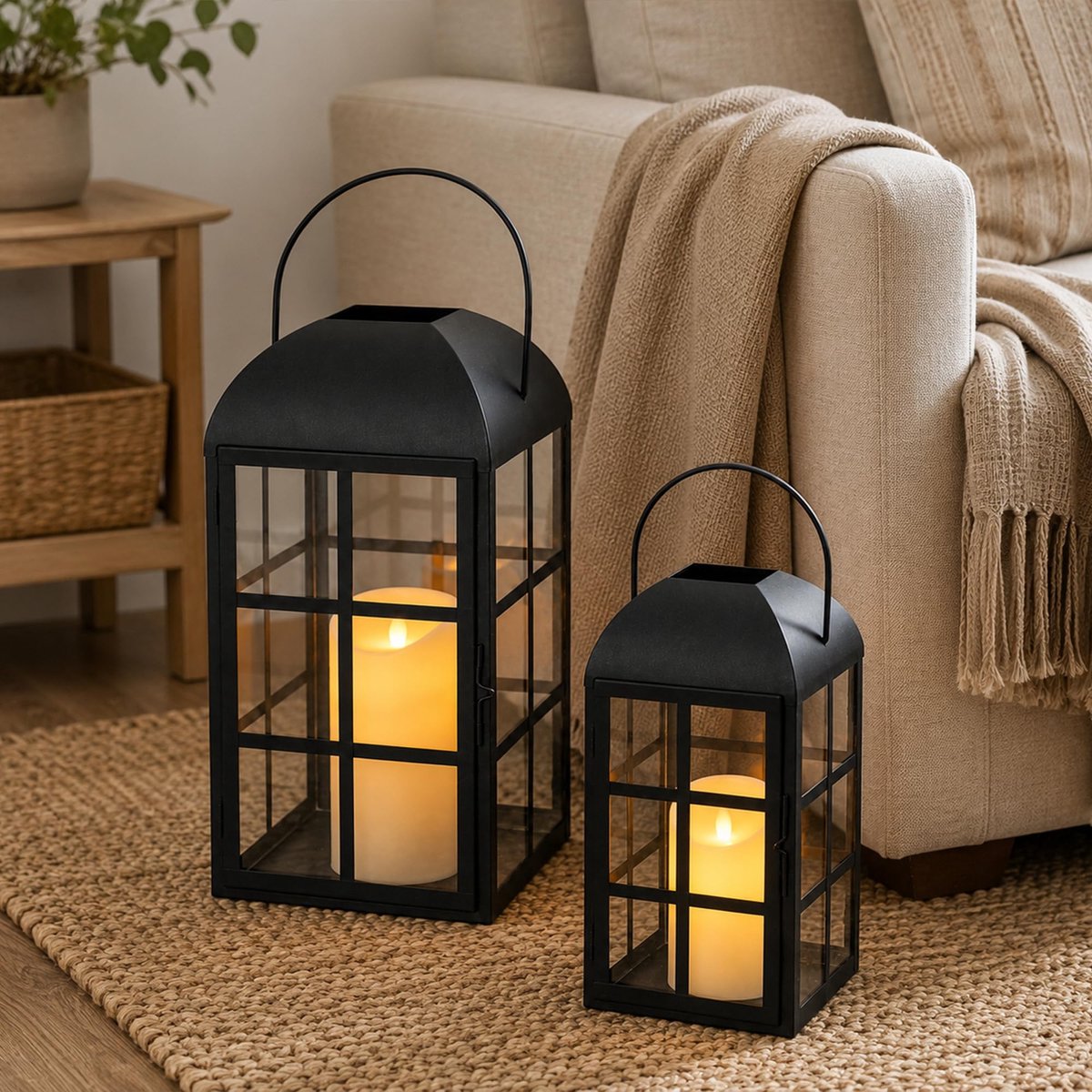 Set van 2 decoratieve kaarslantaarn, vintage metalen kandelaar met gehard glas, perfect voor tuin, tuin, terras, bruiloft, evenementen, binnen en buiten