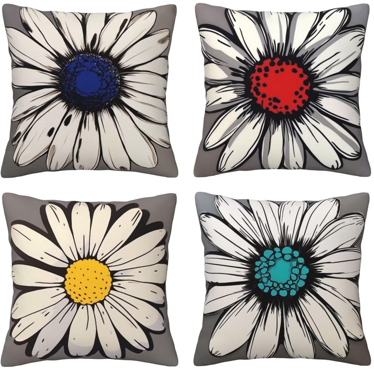Set van 4 kussenslopen, sierkussenovertrekken, kleine witte bloemen, 65 x 65 cm, behaaglijk, kussenhoes met onzichtbare ritssluiting, zacht, wollig, bankkussen, wasbaar, voor terras, bank en woonkamer