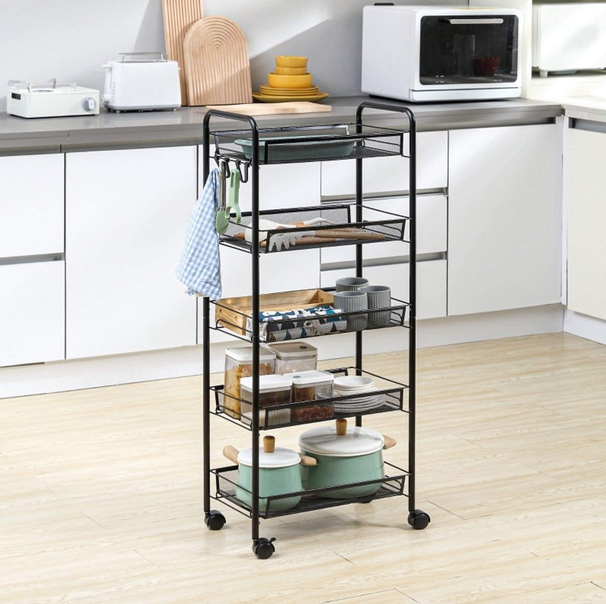 STILVORA Keukentrolley – 45 x 26,5 x 106 cm – 5 Korven en 4 Niveaus – Staal – Zwart – Met Wielen, Remmen en Afneembare Haken