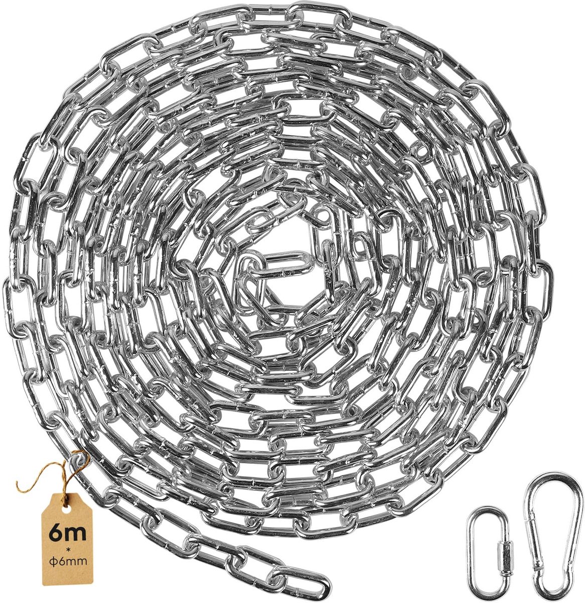 6 m ketting van verzinkt staal Ø 6 mm, met M6 snelring en veerhaak, metalen ketting voor splitkettingen, schommels en hangstoelen (zilver)