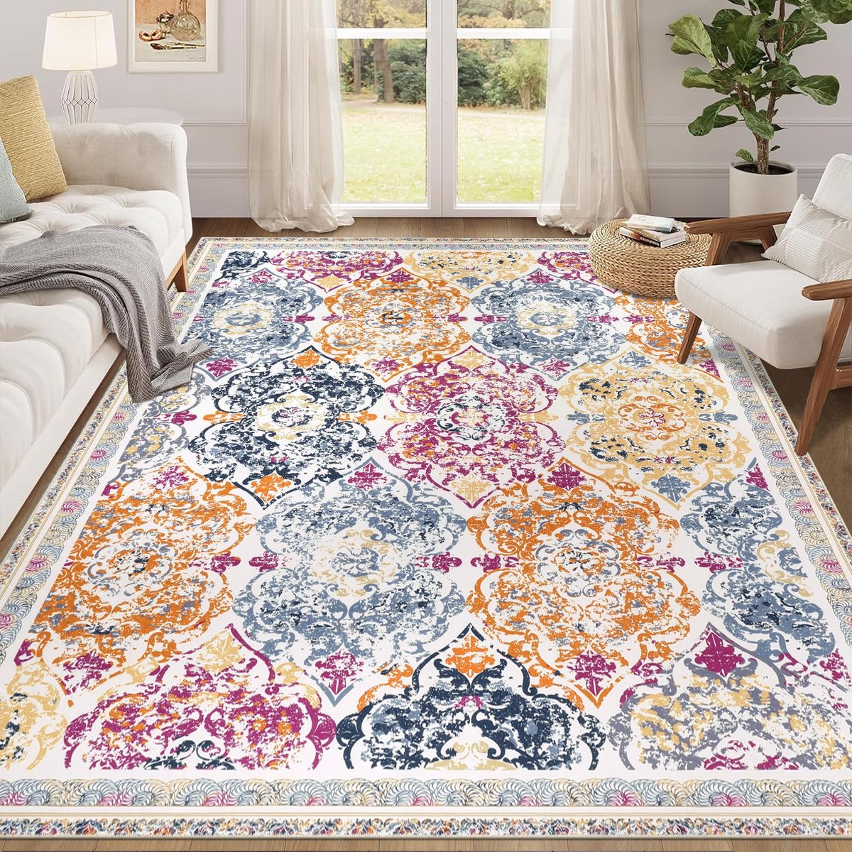 Grote tapijten woonkamer boho 120 x 180 cm vintage dik tapijt, machinewasbare tapijten pluche pluizig, antislip indoor chique vloermat voor slaapkamer eetkamer lounges, kleurrijk