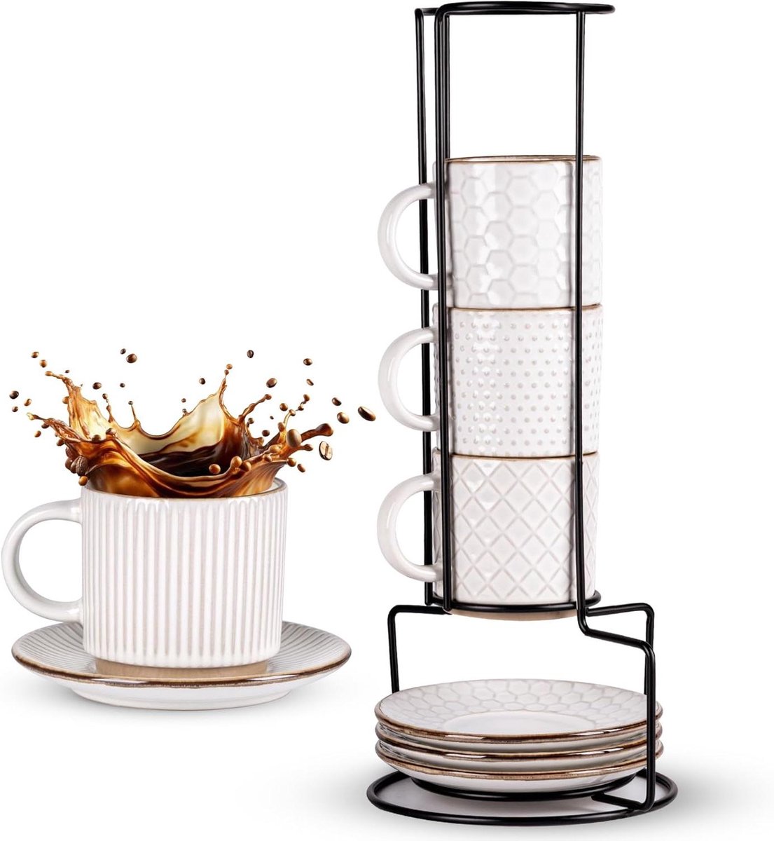 Keramische Koffiekopjes met Schotels - Cappuccino Mokken Set - Koffiedrinken Thuis - Stapelbaar Ruimtebesparend - 220 ml - Wit