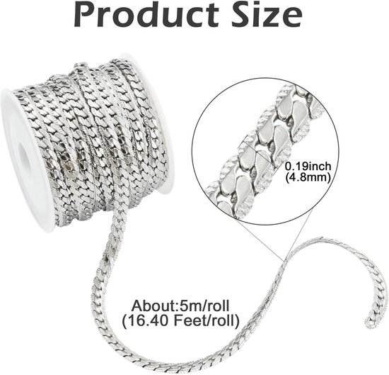 5 meter/16,4 voet 304 roestvrijstalen Cubaanse schakelketting met spoel Ongelaste dikke stoeprand kettingen voor sieraden maken Ketting knutselen — afbeelding 5