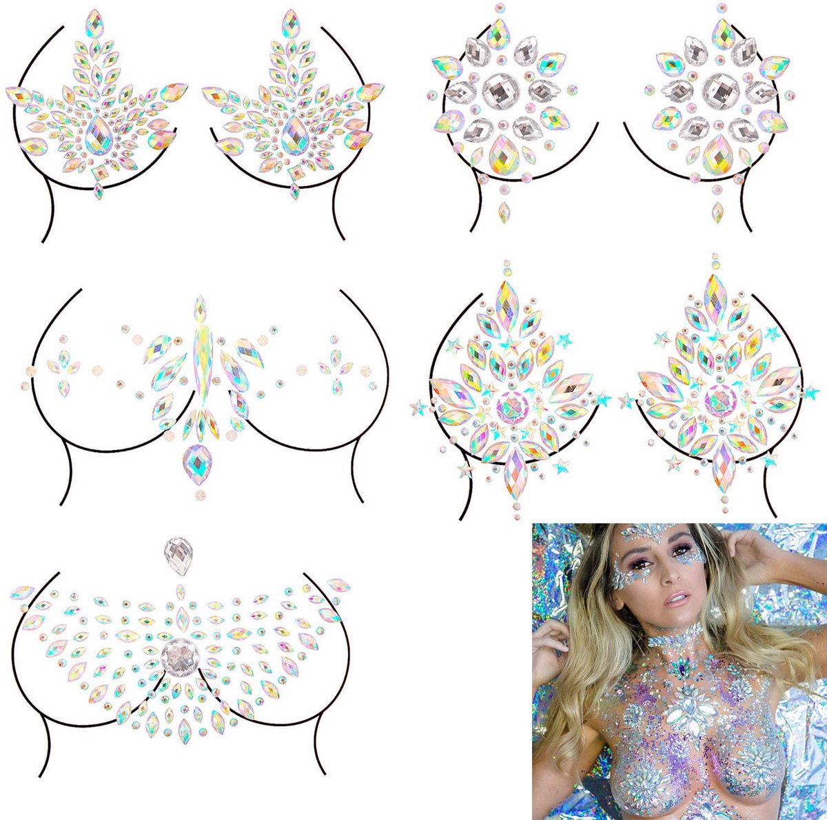Strass borststickers, stickers voor lichaamssieraden, strass-lichaamsstickers, voor lichaamsmake-up, zelfklevend, carnaval, DJ-feesten, feesten