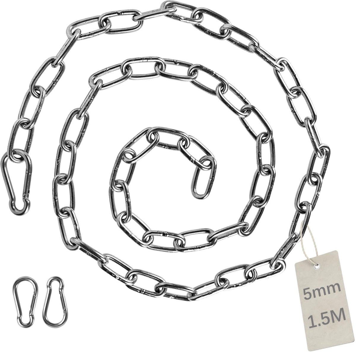 1,5 m roestvrijstalen ketting, 5 mm stalen ketting, schakelketting, afsluitketting, sierketting met 2 karabijnhaken, metalen ketting om op te hangen, hondenketting, ankerketting, ronde