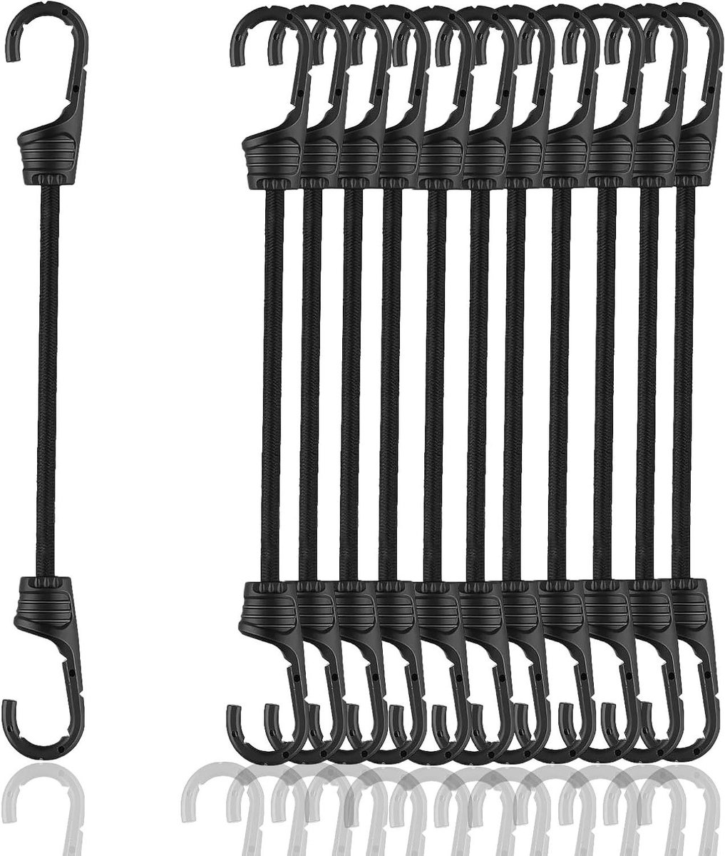Elastische Spanners - Spanbanden met Haken - Bagage Vervoeren - Scheurvast Materiaal - 12 Stuks 15cm - Zwart