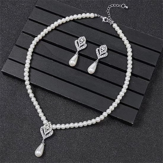 Parel Bloem Ketting Set Bruids Kristal Wit Faux Parel Hanger Ketting Oorbellen Bloemen Strass Faux Parel Ketting Sieraden voor Vrouwen Bruid Bruidsmeisje — afbeelding 2