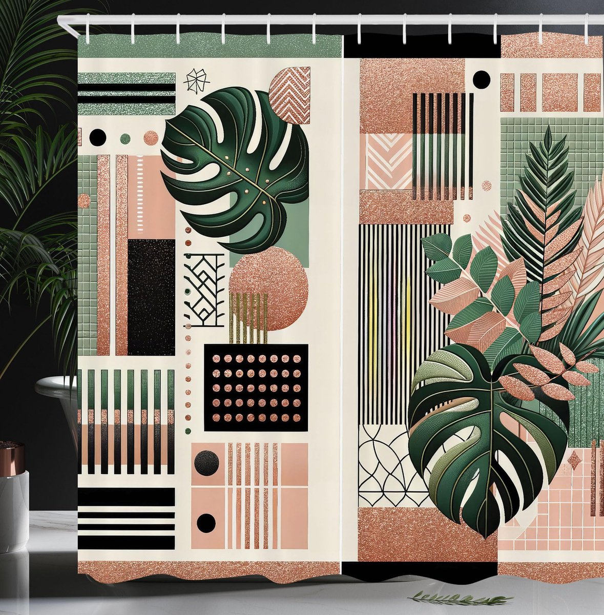 Douchegordijn, Abstract Mid Century stijl Boho bladeren lijnen en geometrische vormen, stoffen stof met haken, 175 x 200 cm, dennengroen licht roest bruin