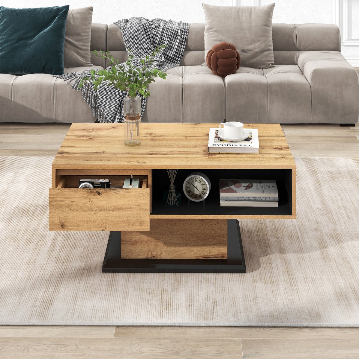 HAUSS SPOLE Salontafel - Houtlook Met Greeploze Lade En Opbergruimte - Voor Woonkamer Of Kantoor - Spaanplaat - 100x60x47 Cm - Naturel Antraciet