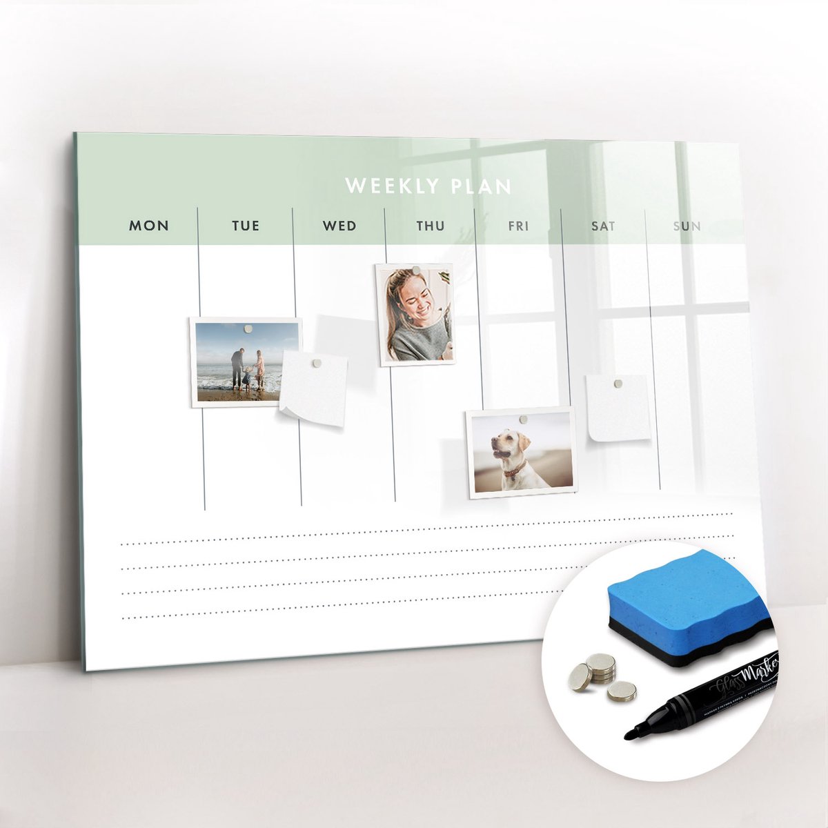 Tulup Whitebord - Weekkalenderplanner - 100 x 70 cm - Groente Memobord Glas - Gratis 5 Sterke Magneten + Whiteboard Marker & Wisser - Interieur Accessoires Kantoor - Memobord Keuken - Productiviteit Tools